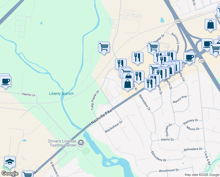 map of restaurants, bars, coffee shops, grocery stores, and more near 3002 Dyers Lane in Gallatin