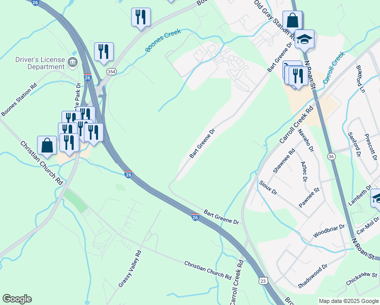 map of restaurants, bars, coffee shops, grocery stores, and more near 249 Bart Greene Drive in Johnson City