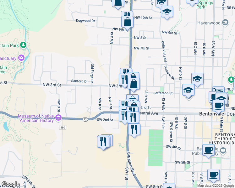 map of restaurants, bars, coffee shops, grocery stores, and more near 15 Brookhollow Place in Bentonville