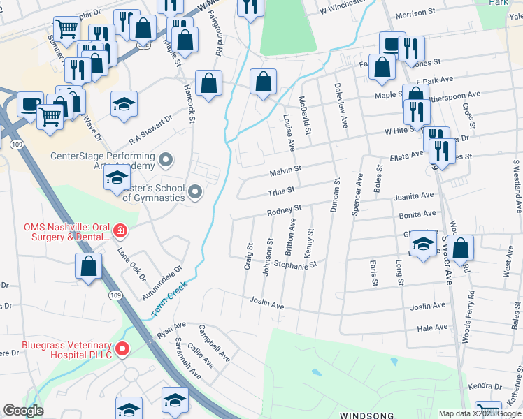 map of restaurants, bars, coffee shops, grocery stores, and more near 435 Trina Street in Gallatin