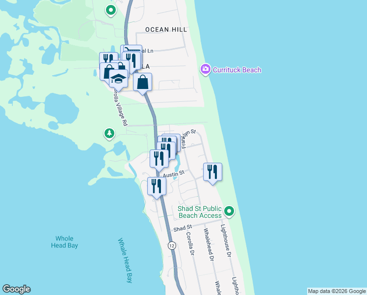 map of restaurants, bars, coffee shops, grocery stores, and more near 1130 Franklyn Street in Corolla