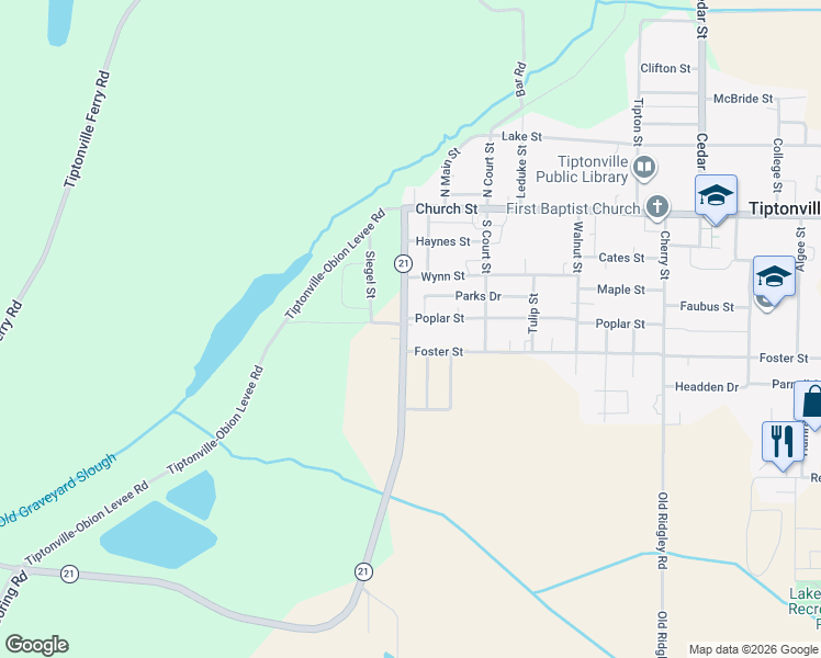 map of restaurants, bars, coffee shops, grocery stores, and more near 402 Elm Street in Tiptonville