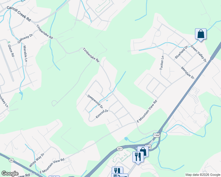 map of restaurants, bars, coffee shops, grocery stores, and more near 3806 Timberlake Road in Johnson City