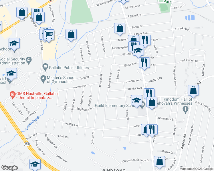 map of restaurants, bars, coffee shops, grocery stores, and more near 834 Spencer Avenue in Gallatin
