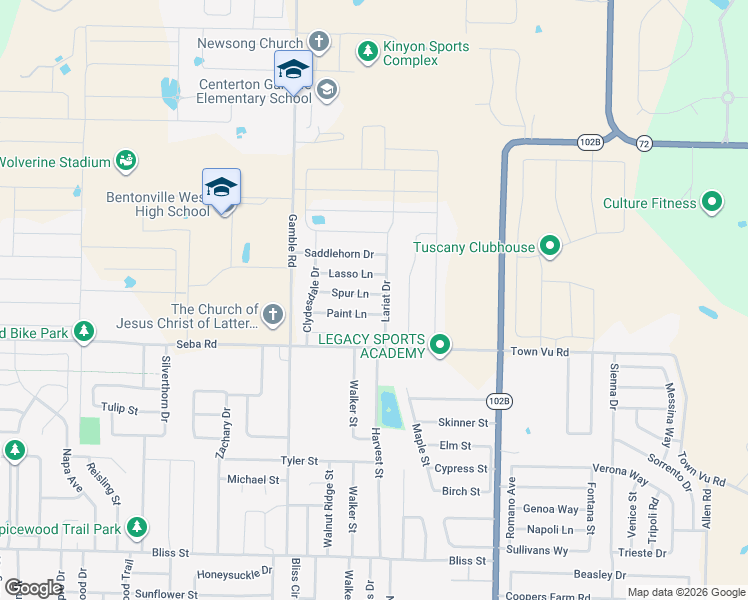 map of restaurants, bars, coffee shops, grocery stores, and more near 530 Spur Lane in Centerton