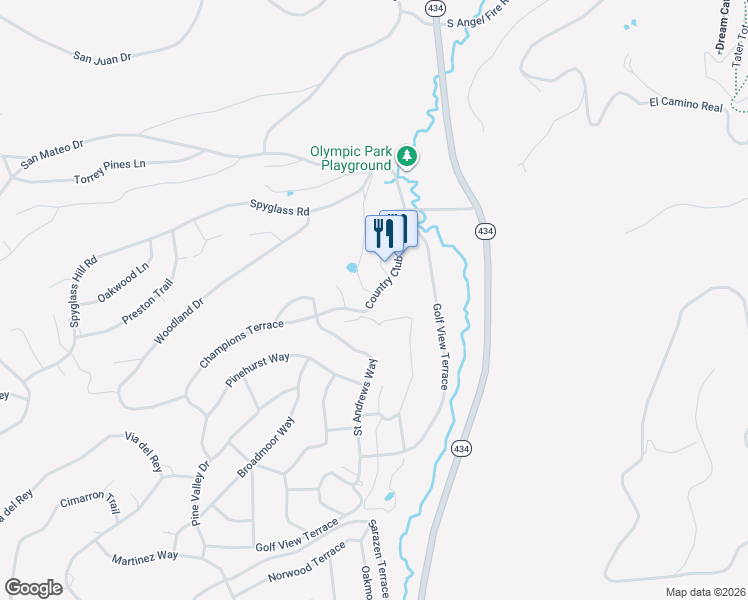 map of restaurants, bars, coffee shops, grocery stores, and more near Country Club Dr in Angel Fire