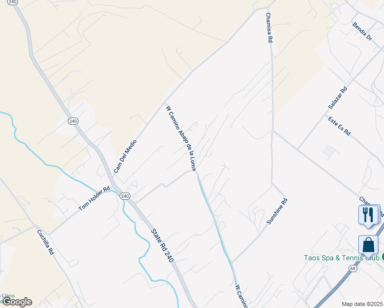 map of restaurants, bars, coffee shops, grocery stores, and more near 16-28 Aiello Lane in Taos