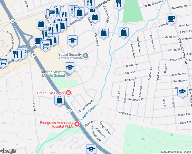 map of restaurants, bars, coffee shops, grocery stores, and more near 307 Hancock Street in Gallatin