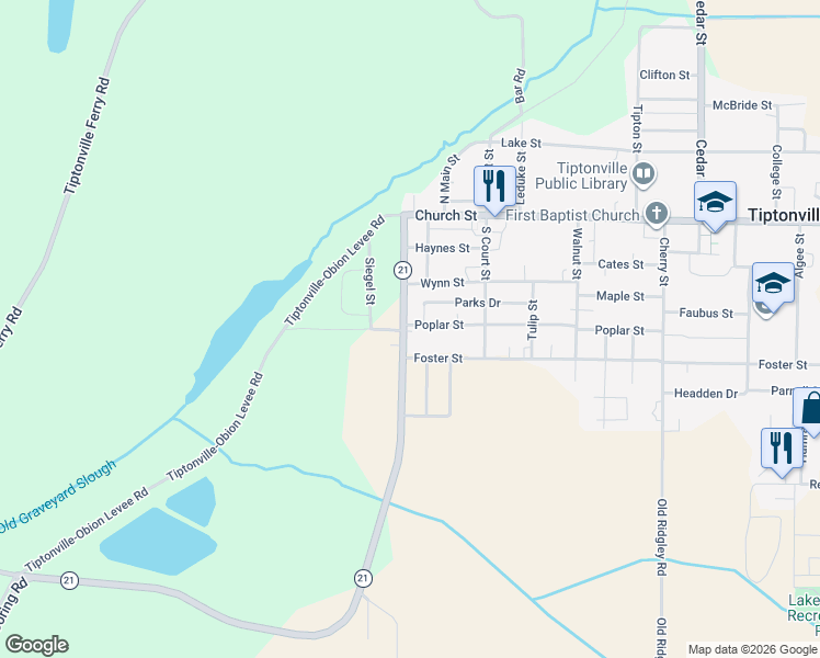 map of restaurants, bars, coffee shops, grocery stores, and more near 402 Elm Street in Tiptonville
