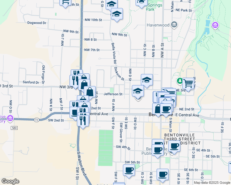map of restaurants, bars, coffee shops, grocery stores, and more near 612 Jefferson Street in Bentonville