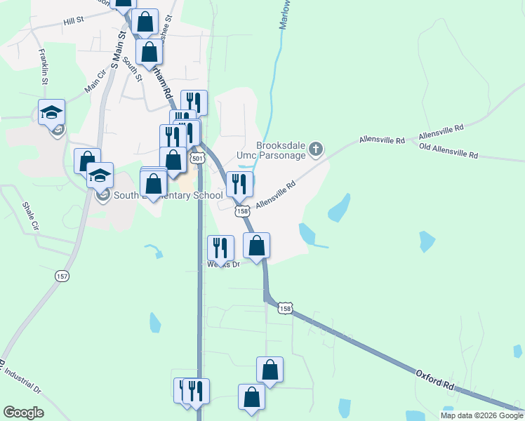 map of restaurants, bars, coffee shops, grocery stores, and more near 39 Allensville Road in Roxboro