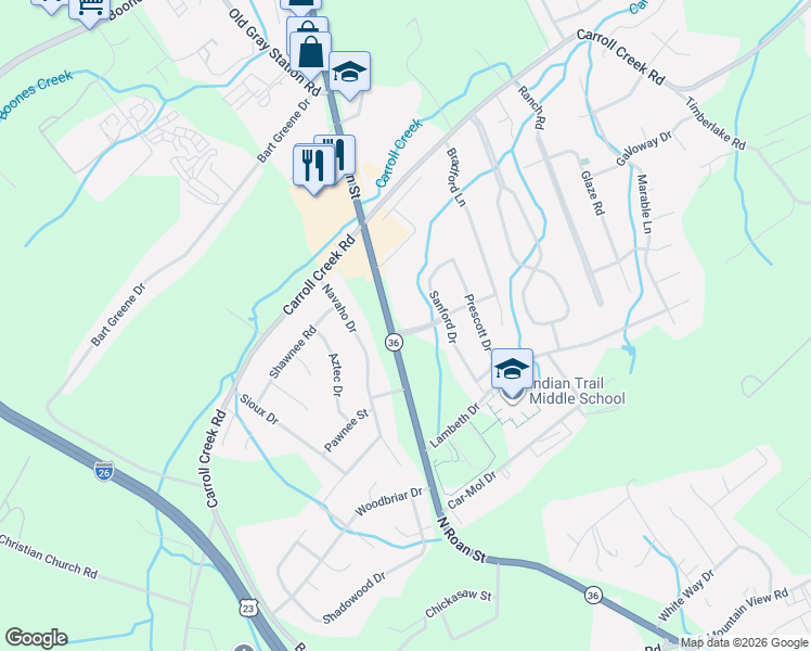 map of restaurants, bars, coffee shops, grocery stores, and more near 111 Whitewood Blvd in Johnson City