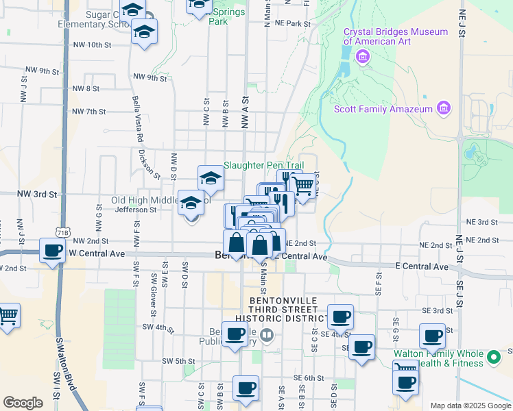 map of restaurants, bars, coffee shops, grocery stores, and more near 220 Northwest A Street in Bentonville