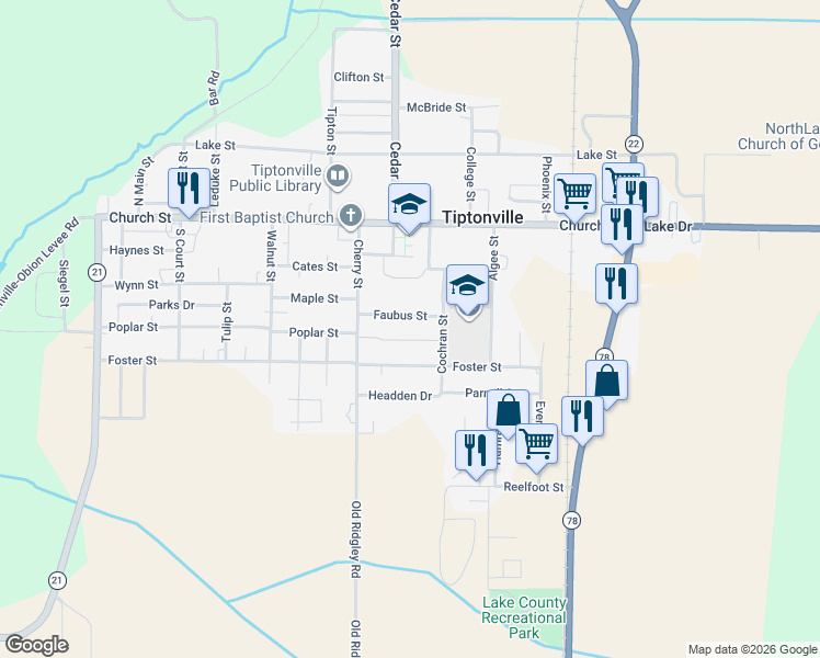 map of restaurants, bars, coffee shops, grocery stores, and more near 809 Faubus Street in Tiptonville
