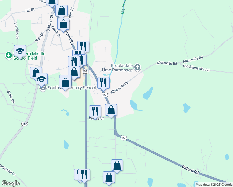 map of restaurants, bars, coffee shops, grocery stores, and more near 106 Allensville Road in Roxboro