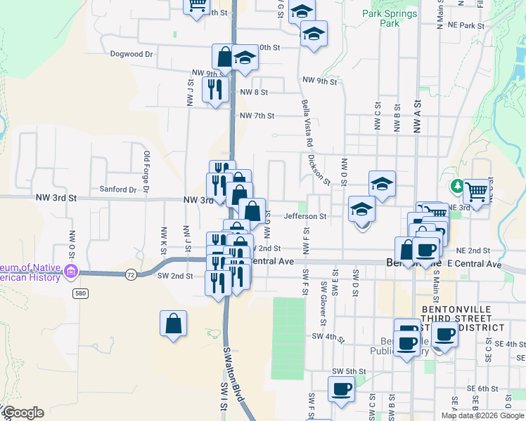 map of restaurants, bars, coffee shops, grocery stores, and more near 213 Northwest G Street in Bentonville