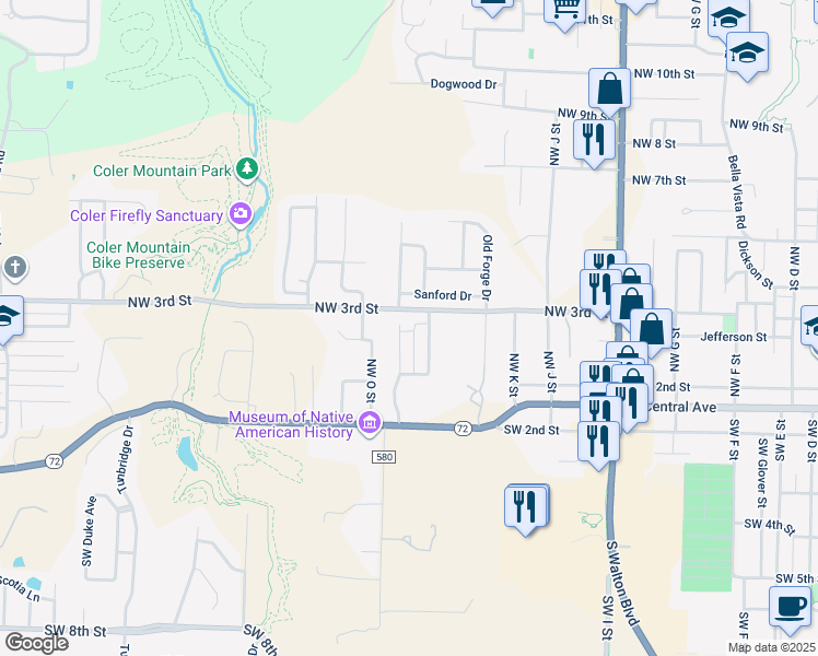 map of restaurants, bars, coffee shops, grocery stores, and more near 206 Northwest Olinka Pass Street in Bentonville