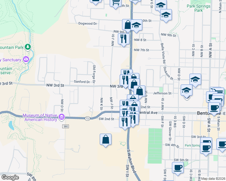 map of restaurants, bars, coffee shops, grocery stores, and more near 226 Northwest J Street in Bentonville