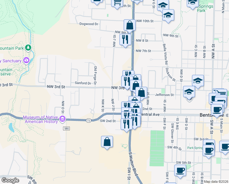 map of restaurants, bars, coffee shops, grocery stores, and more near 226 Northwest J Street in Bentonville