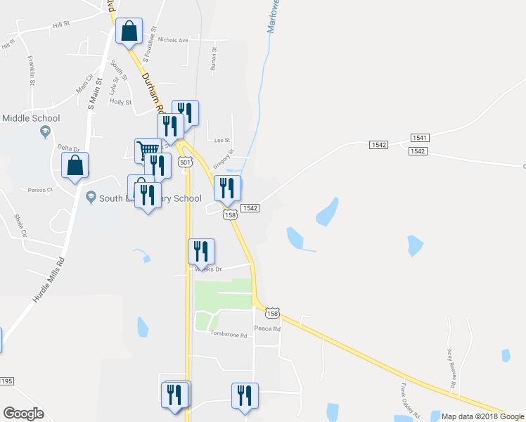 map of restaurants, bars, coffee shops, grocery stores, and more near 106 Allensville Road in Roxboro