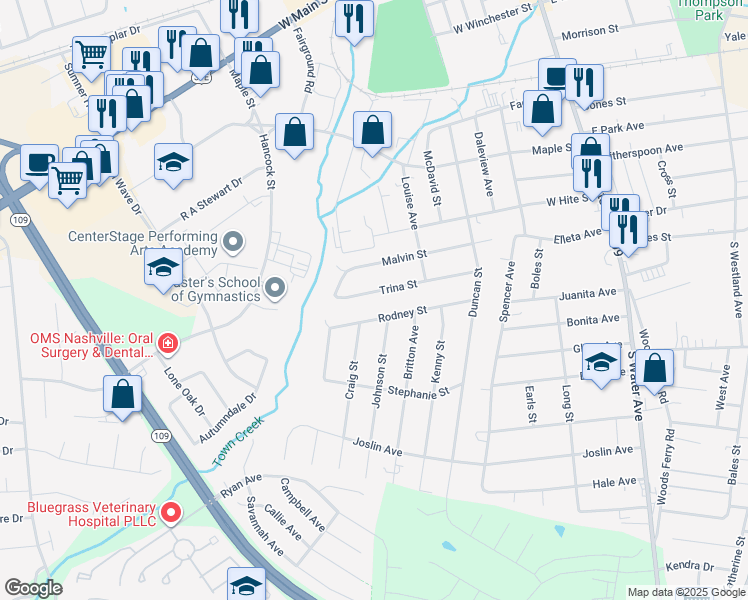 map of restaurants, bars, coffee shops, grocery stores, and more near 435 Trina St in Gallatin