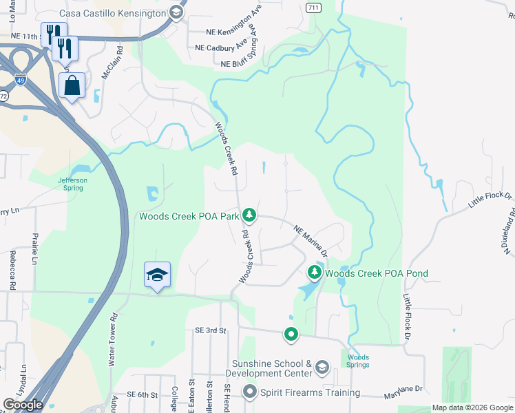 map of restaurants, bars, coffee shops, grocery stores, and more near Northeast Lake Pointe Place in Bentonville