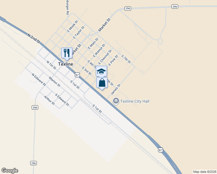 map of restaurants, bars, coffee shops, grocery stores, and more near 523 South 4th Street in Texline