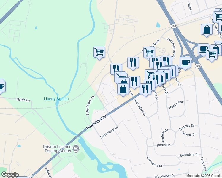 map of restaurants, bars, coffee shops, grocery stores, and more near 3002 Dyers Lane in Gallatin