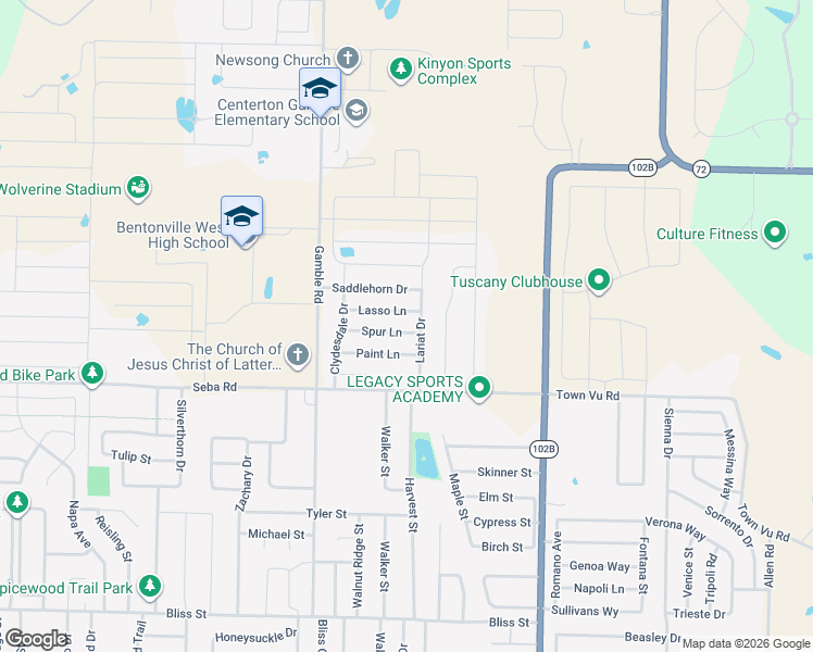 map of restaurants, bars, coffee shops, grocery stores, and more near 530 Spur Lane in Centerton