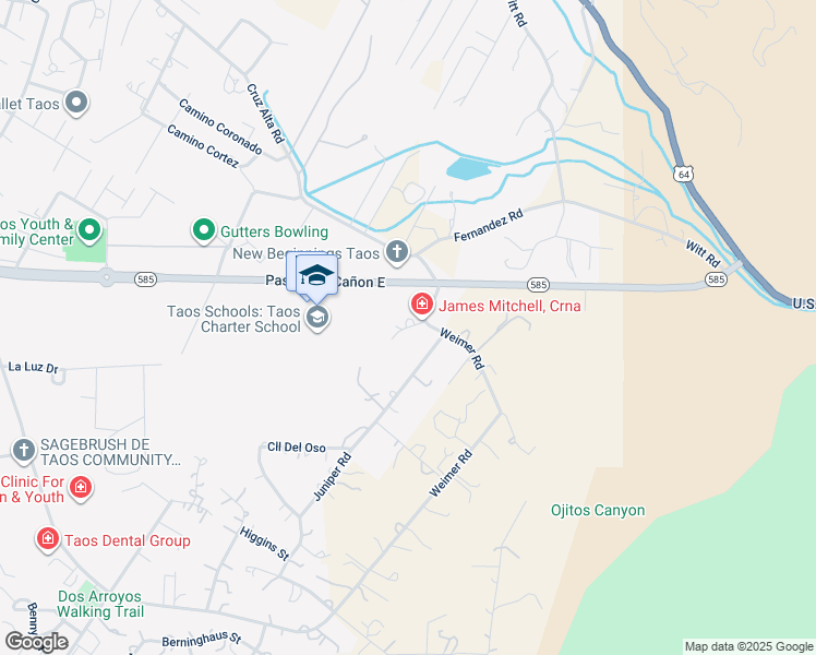 map of restaurants, bars, coffee shops, grocery stores, and more near Calle Cuervo in Taos