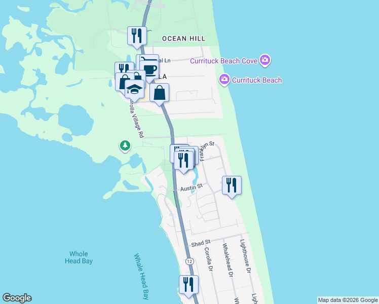 map of restaurants, bars, coffee shops, grocery stores, and more near 1102 Corolla Boulevard in Corolla
