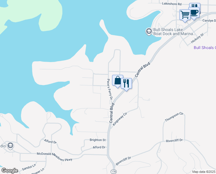 map of restaurants, bars, coffee shops, grocery stores, and more near 103 Alta Vista Drive in Bull Shoals