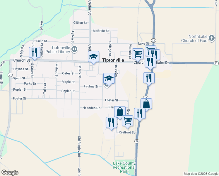 map of restaurants, bars, coffee shops, grocery stores, and more near 300 Cochran Street in Tiptonville