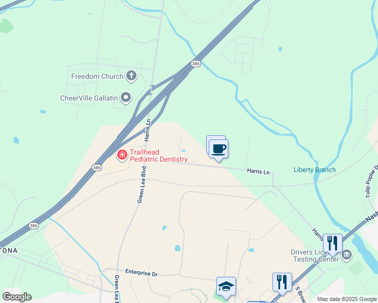 map of restaurants, bars, coffee shops, grocery stores, and more near 300 Harris Lane in Gallatin