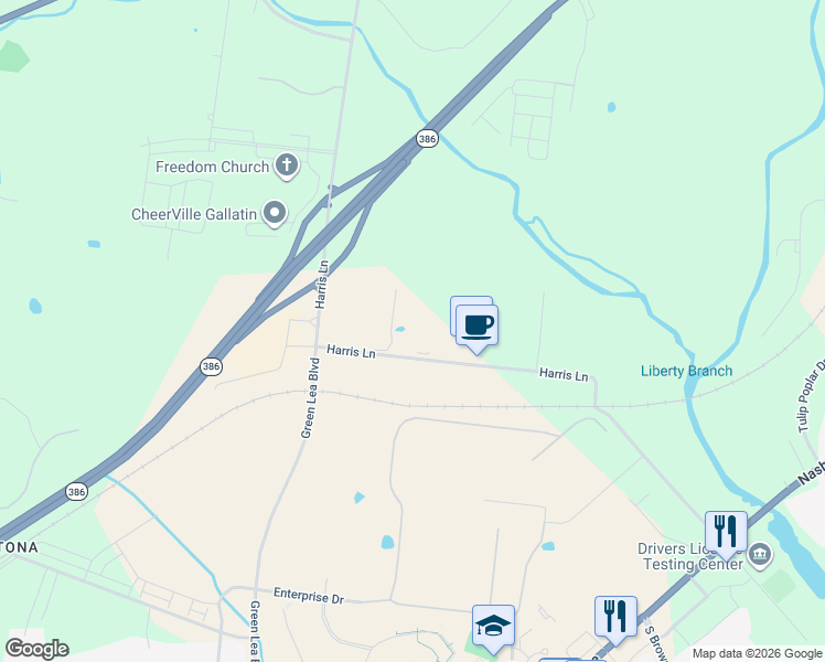 map of restaurants, bars, coffee shops, grocery stores, and more near 300 Harris Lane in Gallatin