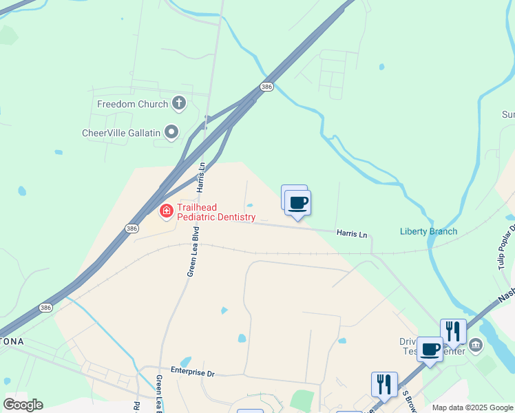 map of restaurants, bars, coffee shops, grocery stores, and more near 300 Harris Lane in Gallatin