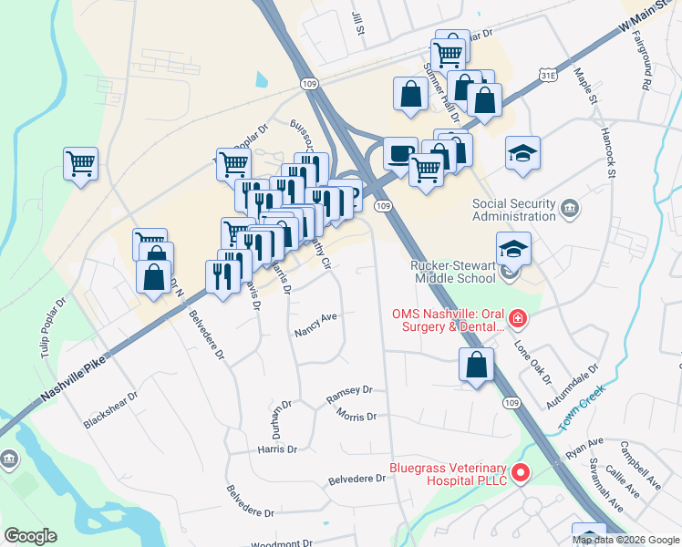 map of restaurants, bars, coffee shops, grocery stores, and more near 705 Kathy Circle in Gallatin