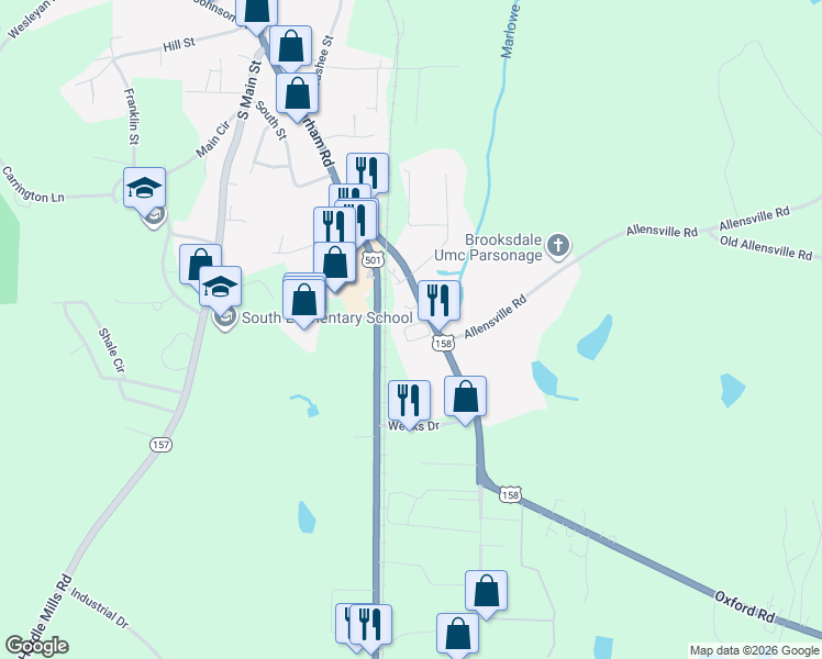 map of restaurants, bars, coffee shops, grocery stores, and more near 50 Windridge Court in Roxboro