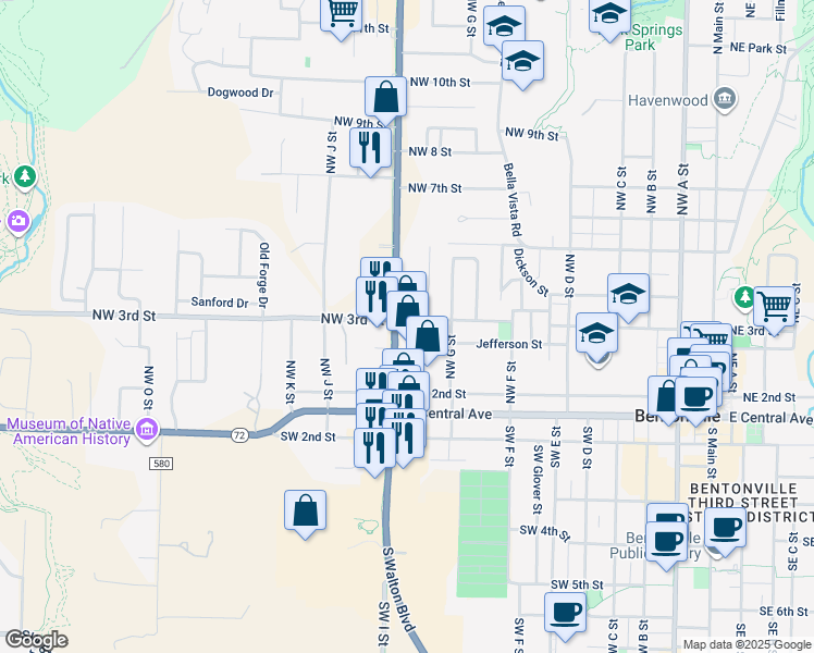 map of restaurants, bars, coffee shops, grocery stores, and more near 284 U.S. 71 Business in Bentonville