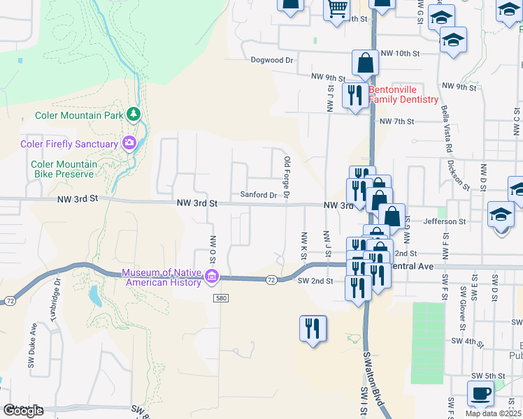 map of restaurants, bars, coffee shops, grocery stores, and more near 1407 Northwest 3rd Street in Bentonville