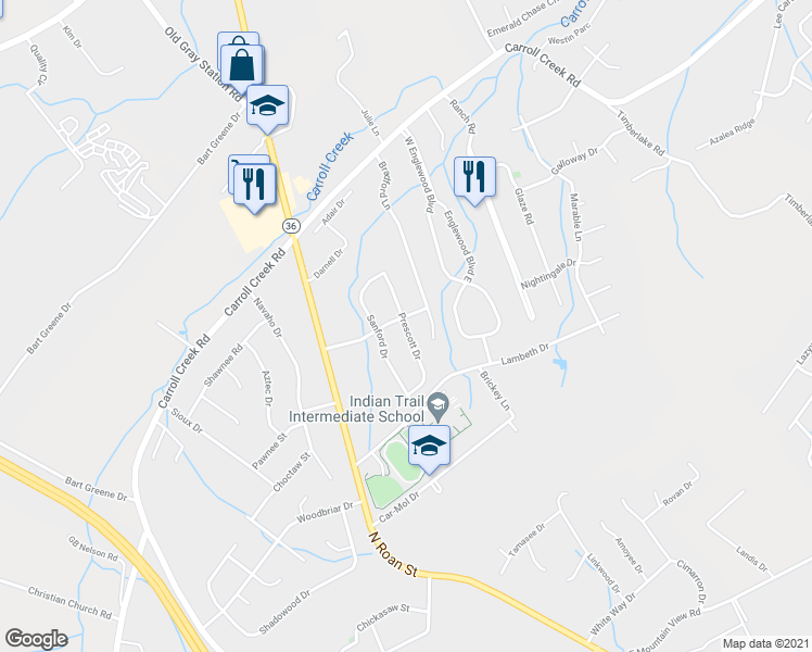 map of restaurants, bars, coffee shops, grocery stores, and more near 4054 Prescott Drive in Johnson City