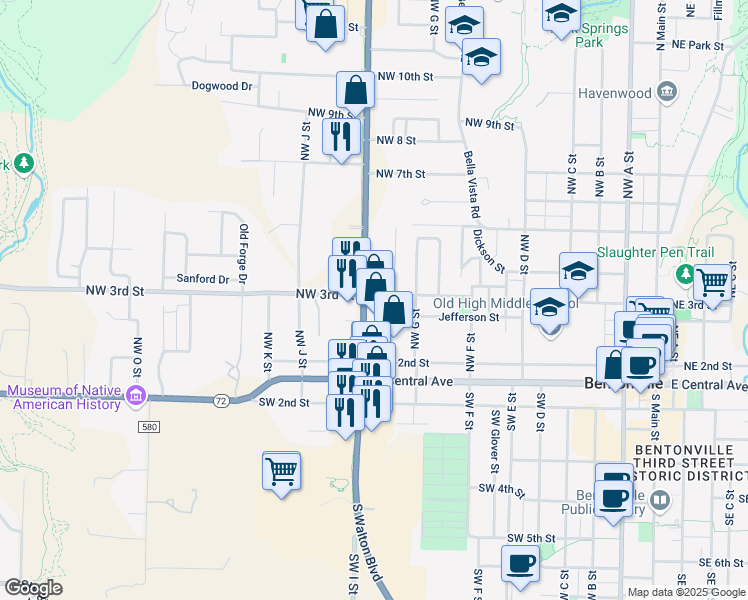 map of restaurants, bars, coffee shops, grocery stores, and more near 250 North Walton Boulevard in Bentonville