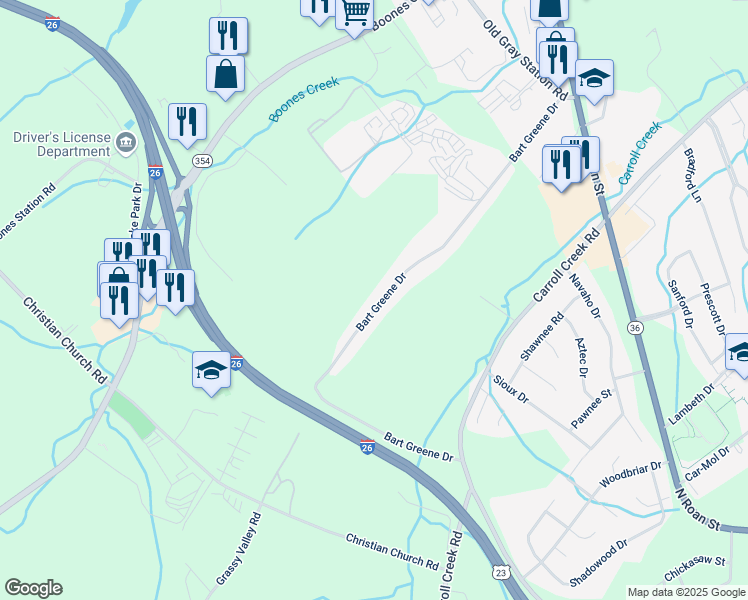 map of restaurants, bars, coffee shops, grocery stores, and more near 249 Bart Greene Drive in Johnson City