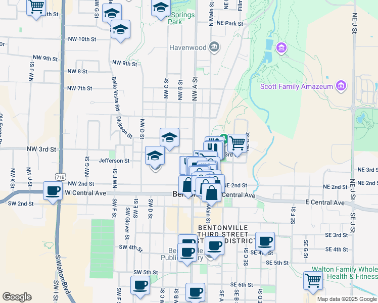 map of restaurants, bars, coffee shops, grocery stores, and more near 204 Northwest 3rd Street in Bentonville