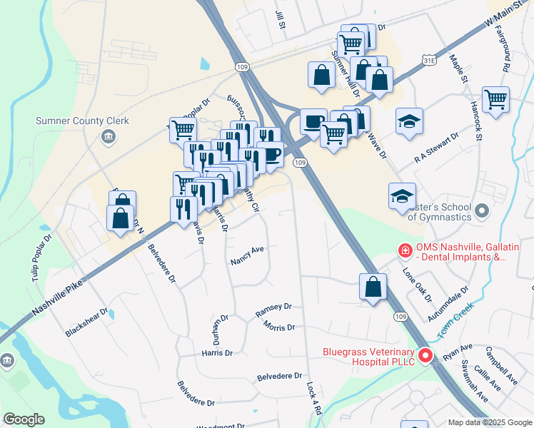 map of restaurants, bars, coffee shops, grocery stores, and more near 705 Kathy Circle in Gallatin