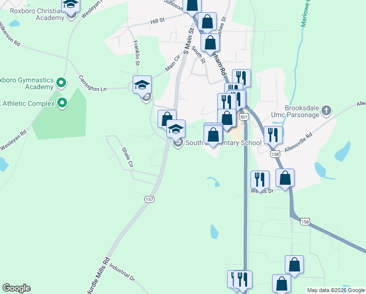 map of restaurants, bars, coffee shops, grocery stores, and more near 1333 Hurdle Mills Road in Roxboro