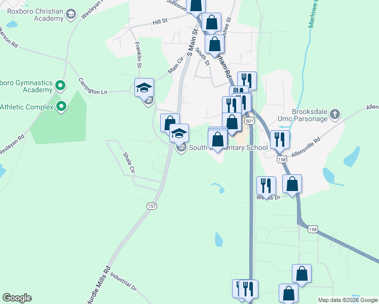 map of restaurants, bars, coffee shops, grocery stores, and more near 1333 Hurdle Mills Road in Roxboro