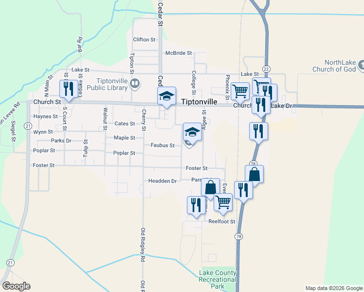 map of restaurants, bars, coffee shops, grocery stores, and more near 300 Cochran Street in Tiptonville