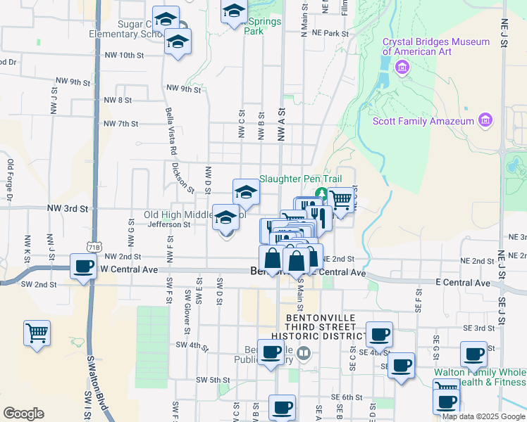 map of restaurants, bars, coffee shops, grocery stores, and more near 225 Northwest A Street in Bentonville