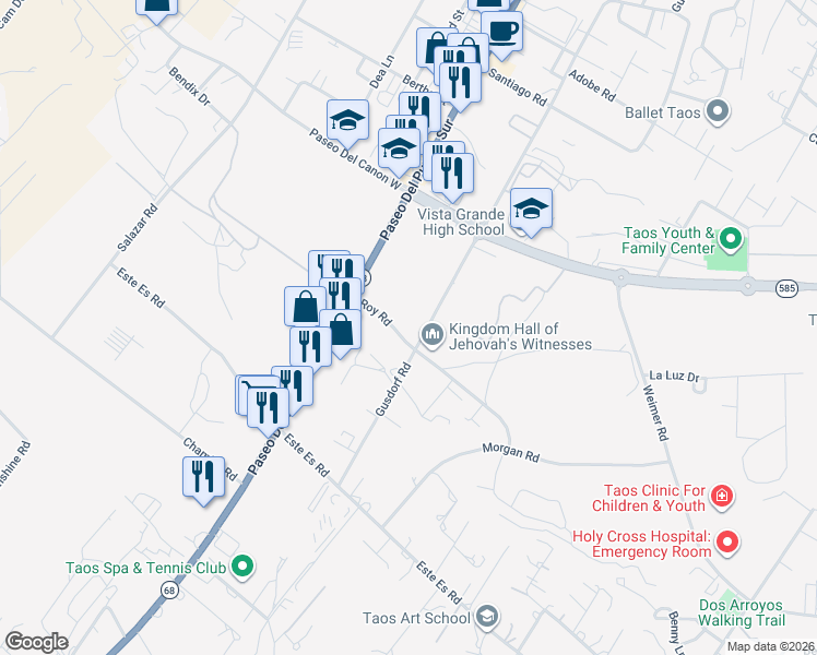 map of restaurants, bars, coffee shops, grocery stores, and more near 1203-1299 Gusdorf Road in Taos